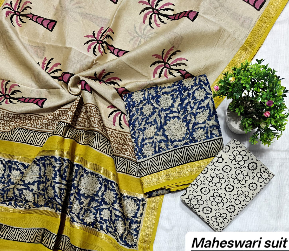Cream and Blue Leaf Motif Handblock Printed Pure Maheshwari Silk Suit Set with Zari Border