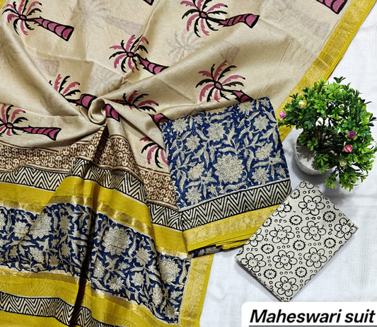 Cream and Blue Leaf Motif Handblock Printed Pure Maheshwari Silk Suit Set with Zari Border