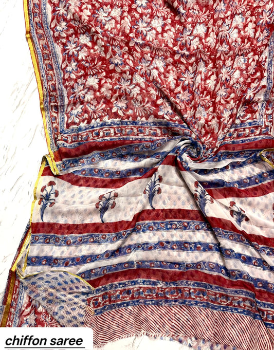 Cream and Crimson Red Floral Pure Hand Block Printed Double Diamond Chiffon Saree