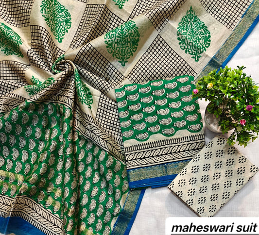 Cream and Emerald Green Diamond Motif Handblock Printed Pure Maheshwari Silk Suit Set with Zari Border