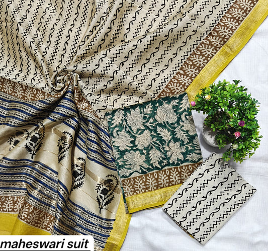 Cream and Forest Green Floral Motif Handblock Printed Pure Maheshwari Silk Suit Set with Zari Border