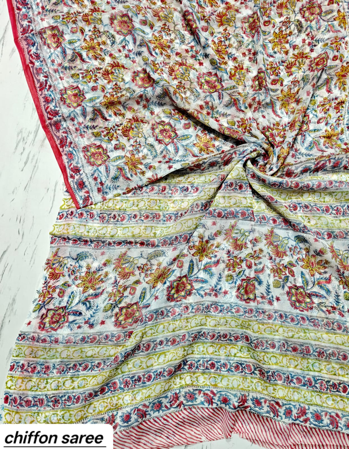 Cream and Multicolor Floral Pure Hand Block Printed Double Diamond Chiffon Saree