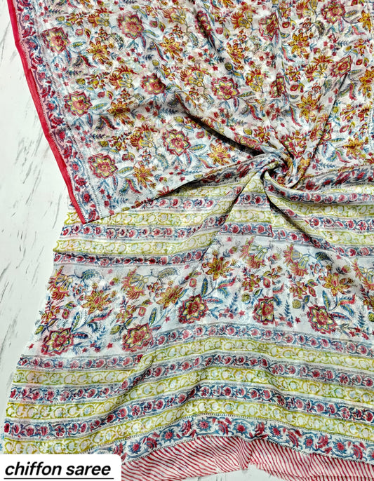 Cream and Multicolor Floral Pure Hand Block Printed Double Diamond Chiffon Saree