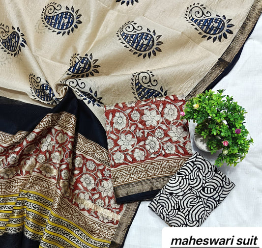 Cream and Navy Blue Booti Motif Handblock Printed Pure Maheshwari Silk Suit Set with Zari Border
