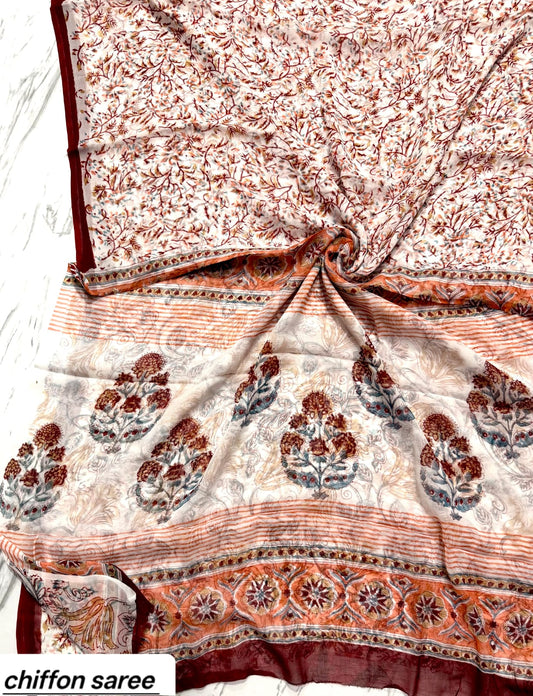 Cream and Rust Brown Floral Pure Hand Block Printed Double Diamond Chiffon Saree