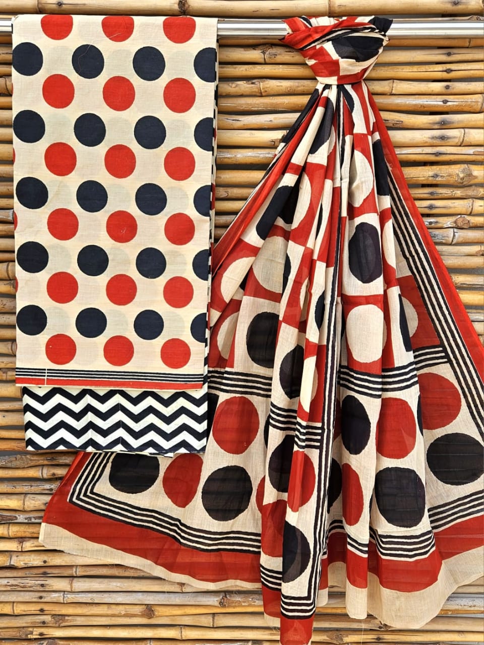 Cream and Red Large Polka Dot Handblock Printed Cotton Suit Set - Red Circular Border