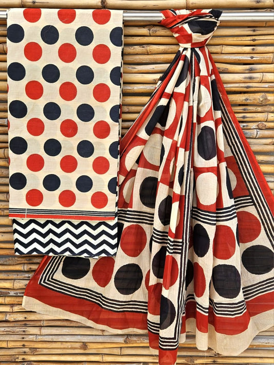 Cream and Red Large Polka Dot Handblock Printed Cotton Suit Set - Red Circular Border
