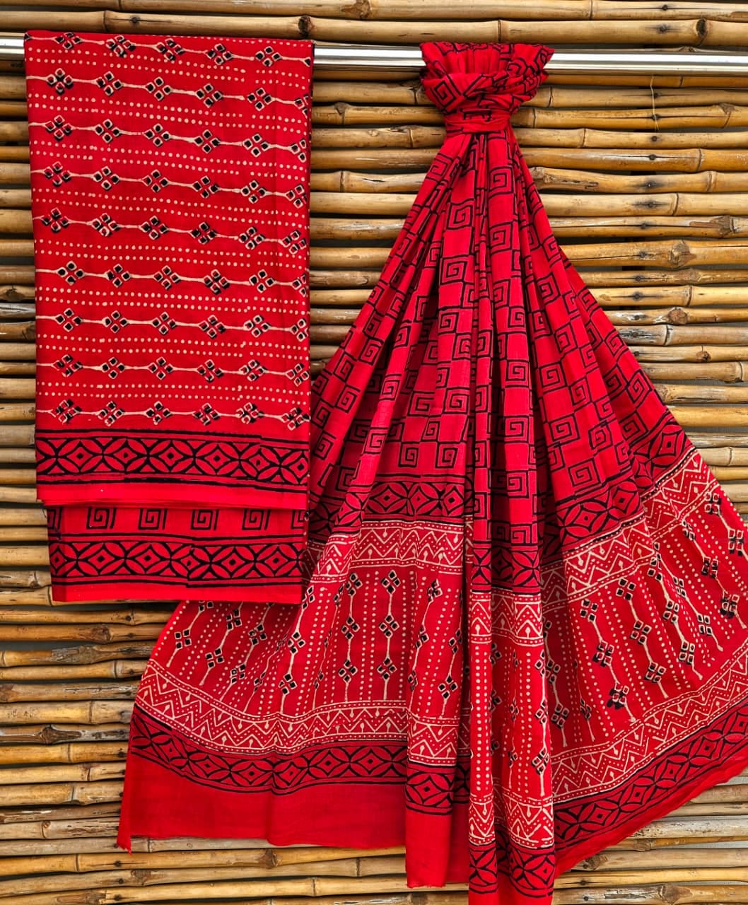 Crimson Red Floral Handblock Printed Cotton Suit Set - Geometric Block Border