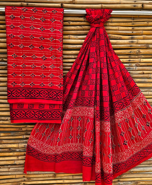 Crimson Red Floral Handblock Printed Cotton Suit Set - Geometric Block Border
