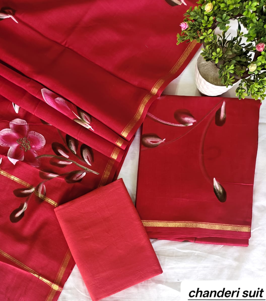Crimson Red Large Floral Handblock Printed Pure Chanderi Silk Unstitched Suit Set