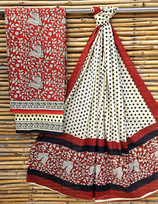 Crimson Red and Cream Leaf Handblock Printed Cotton Suit Set - Leaf Motif Border