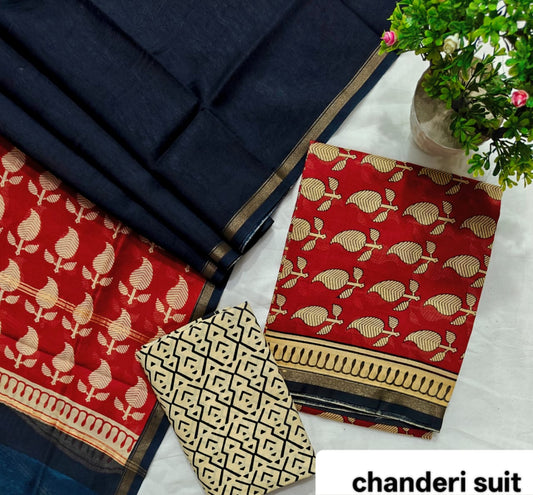 Crimson Red and Navy Blue Floral Block Handblock Printed Pure Chanderi Silk Unstitched Suit Set
