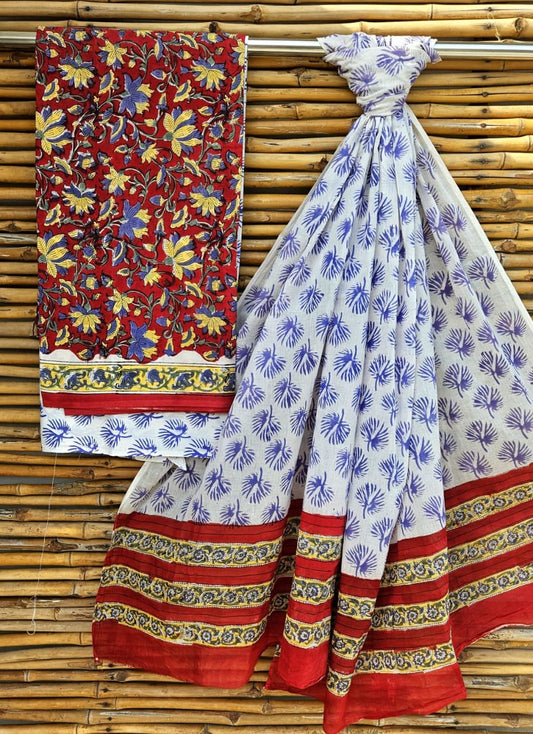 Crimson Red and White Abstract Handblock Printed Cotton Suit Set - Floral Jaal Border