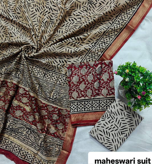 Crimson Red Black and Cream Stripe Handblock Printed Pure Maheshwari Silk Suit Set with Zari Border