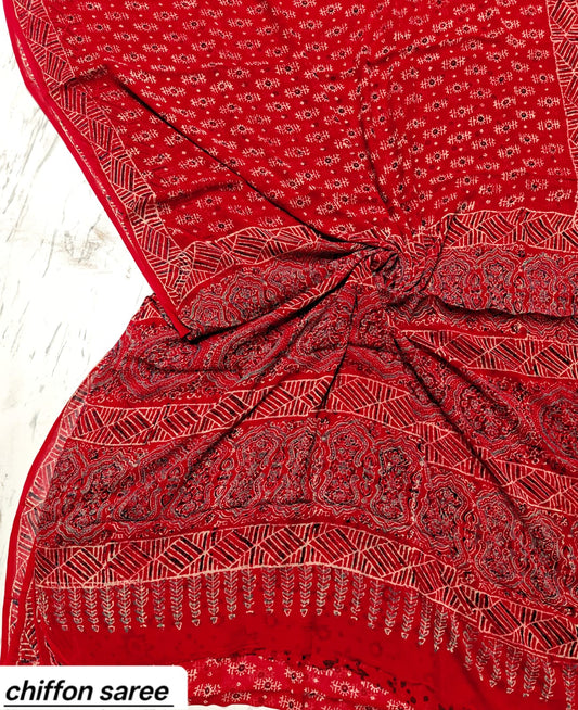 Crimson Red Check Pure Hand Block Printed Double Diamond Chiffon Saree