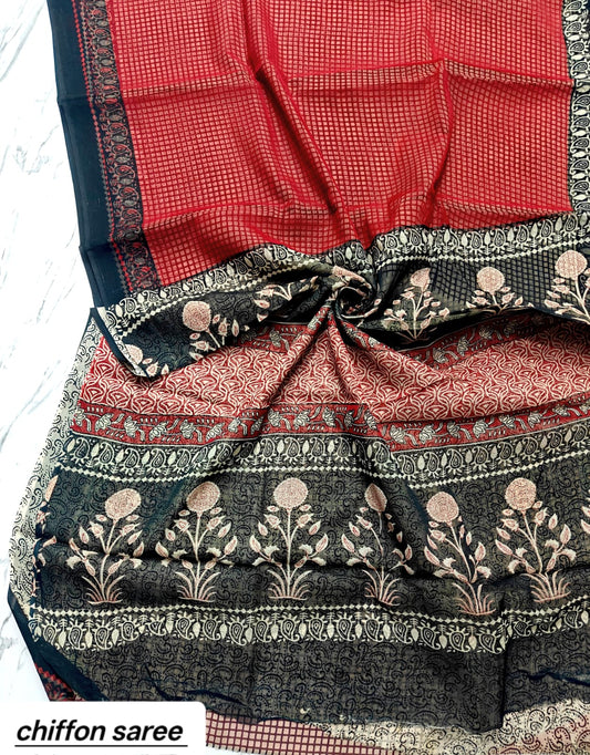 Crimson Red and Black Check Pure Hand Block Printed Double Diamond Chiffon Saree