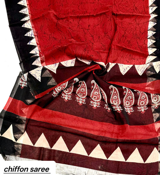 Crimson Red and Black Pure Hand Block Printed Double Diamond Chiffon Saree