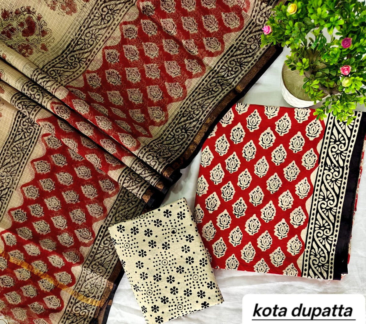 Crimson Red and Black Zigzag Motif Traditional Cotton Suit Set with Kota Doria Dupatta (Handblock Printed)