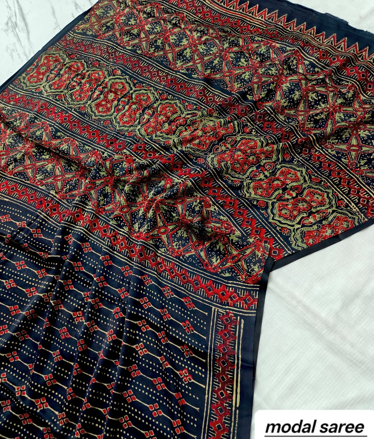 Dark Blue & Maroon Abstract Handblock Print Pure Modal Silk Ajrakh Saree