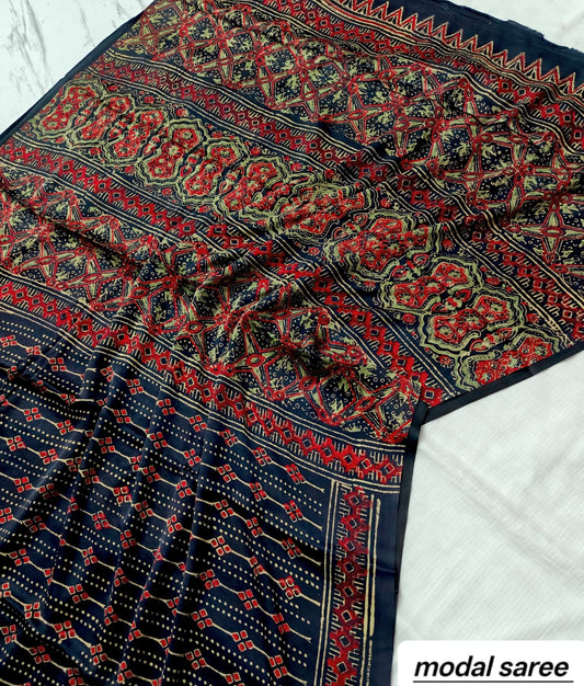 Dark Blue & Maroon Abstract Handblock Print Pure Modal Silk Ajrakh Saree