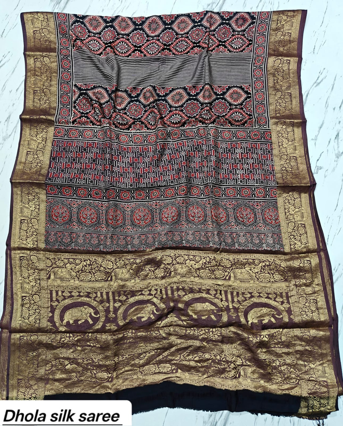 Dark Brown & Grey Geometric Pure Dola Silk Ajrakh Handblock Printed Saree