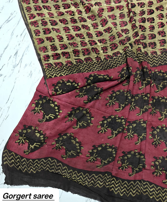 Dark Brown & Pink Floral Handblock Printed Georgette Saree