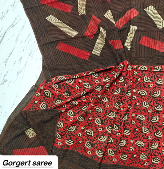 Dark Brown & Red Floral Handblock Printed Georgette Saree