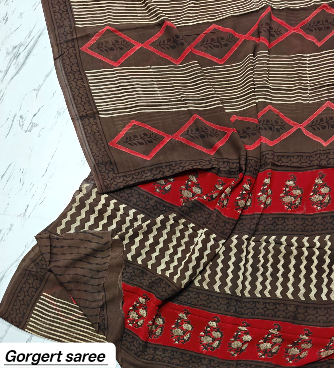 Dark Brown & Red Geometric Handblock Printed Georgette Saree