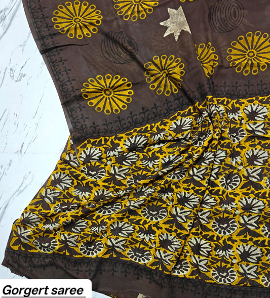 Dark Brown & Yellow Floral Handblock Printed Georgette Saree