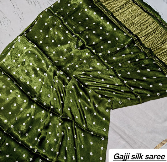 Dark Green Bandhani Ajrakh Handblock Saree in Pure Gajji Silk