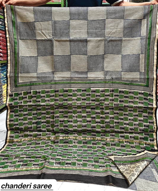 Dark Green Checked Chanderi Bagru Handblock Printed Silk Cotton Saree With Blouse