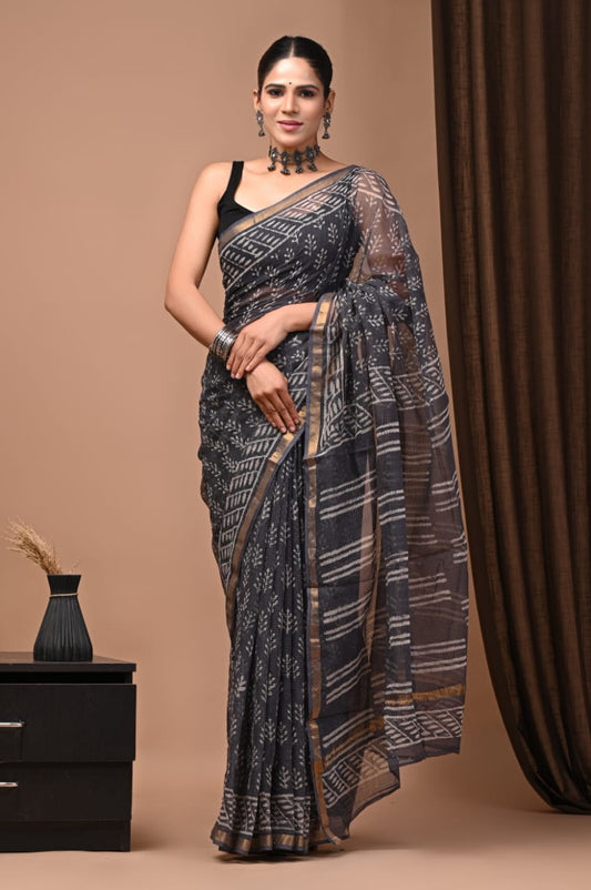Dark Grey & White Striped Hand Block Printed Kota Doria Cotton Saree