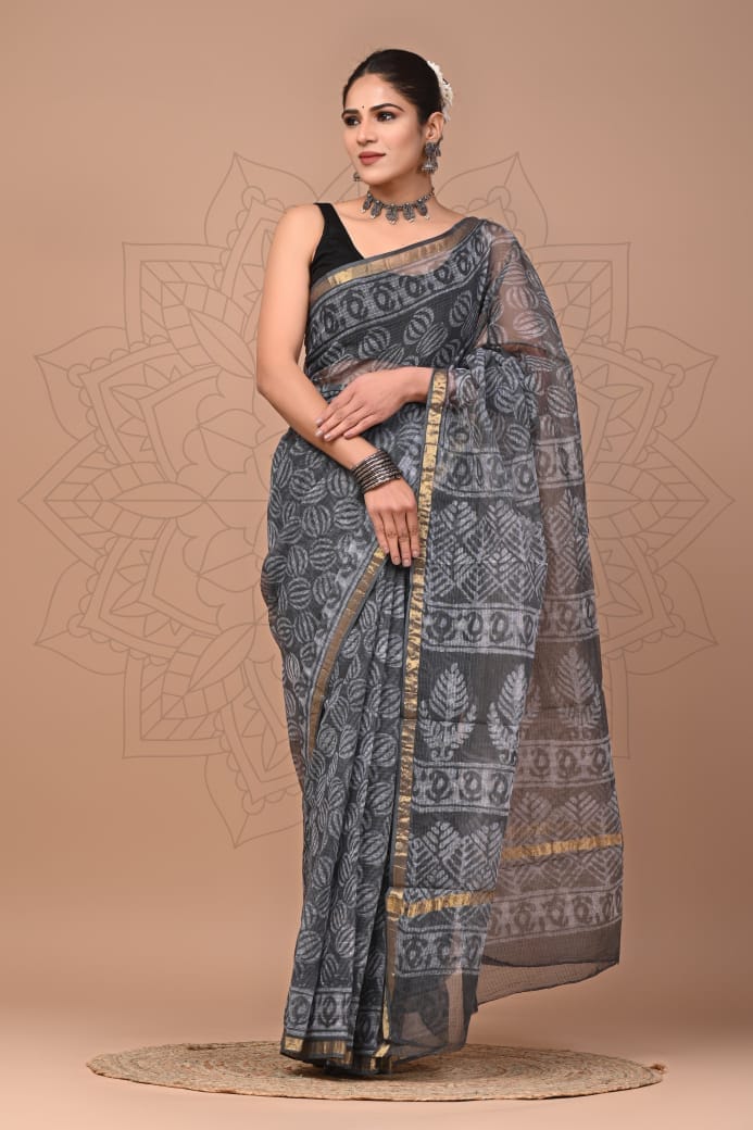 Dark Grey & Yellow Floral Booti Hand Block Printed Kota Doria Cotton Saree