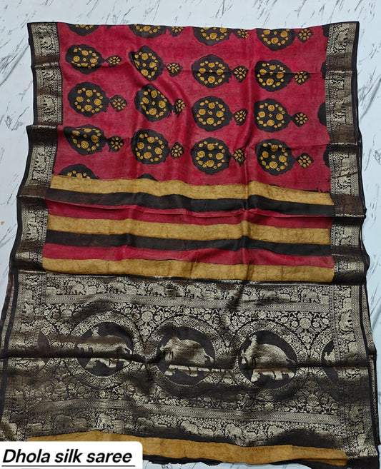 Dark Red & Black Circular Motif Pure Dola Silk Ajrakh Handblock Printed Saree