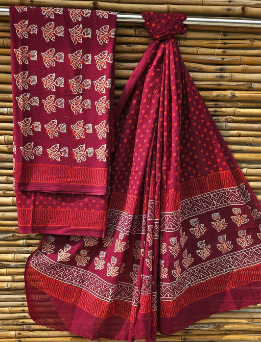 Deep Maroon and Cream Booti Handblock Printed Cotton Suit Set - Booti Motif Border