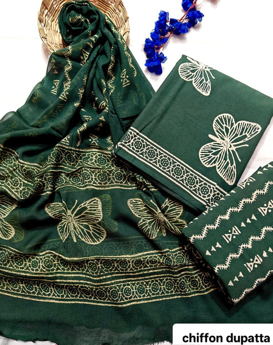 Deep Green Classic Traditional Handblock Cotton Suit Set with Chiffon Dupatta