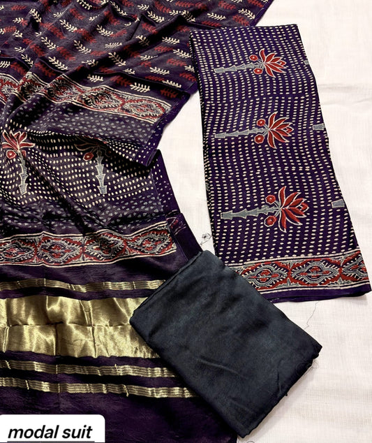 Deep Purple & Black Geometric Premium Pomegranate Printed Modal Silk Handblock Unstitched Suit Material