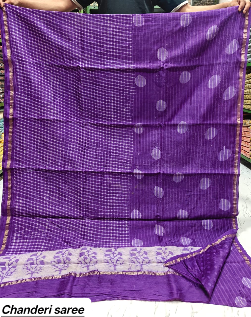Deep Purple Checkered Chanderi Bagru Handblock Printed Silk Cotton Saree With Blouse