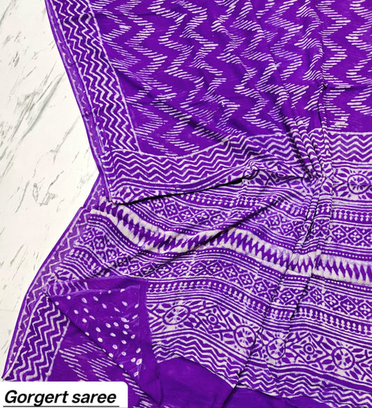 Deep Purple Chevron Handblock Printed Georgette Saree