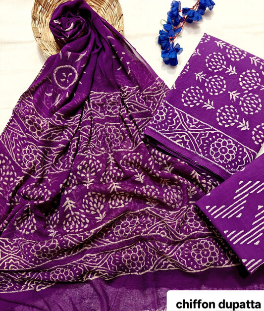 Deep Purple Classic Traditional Handblock Cotton Suit Set with Chiffon Dupatta