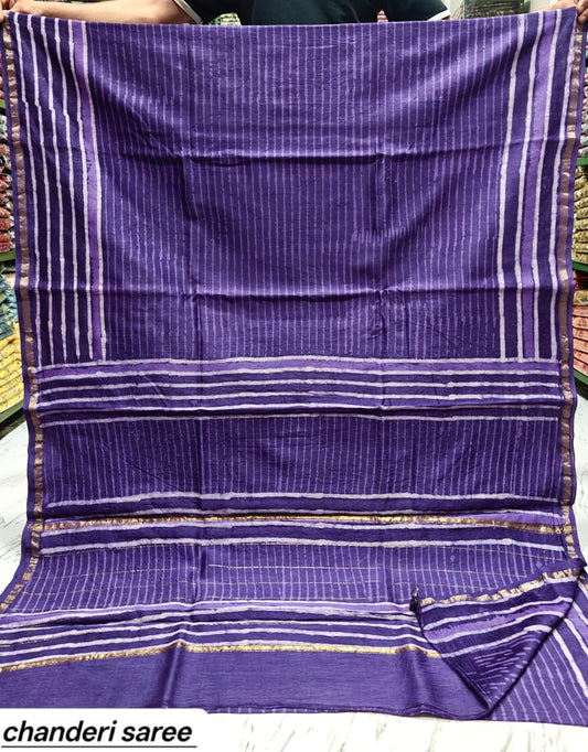 Deep Purple Solid Chanderi Bagru Handblock Printed Silk Cotton Saree With Blouse