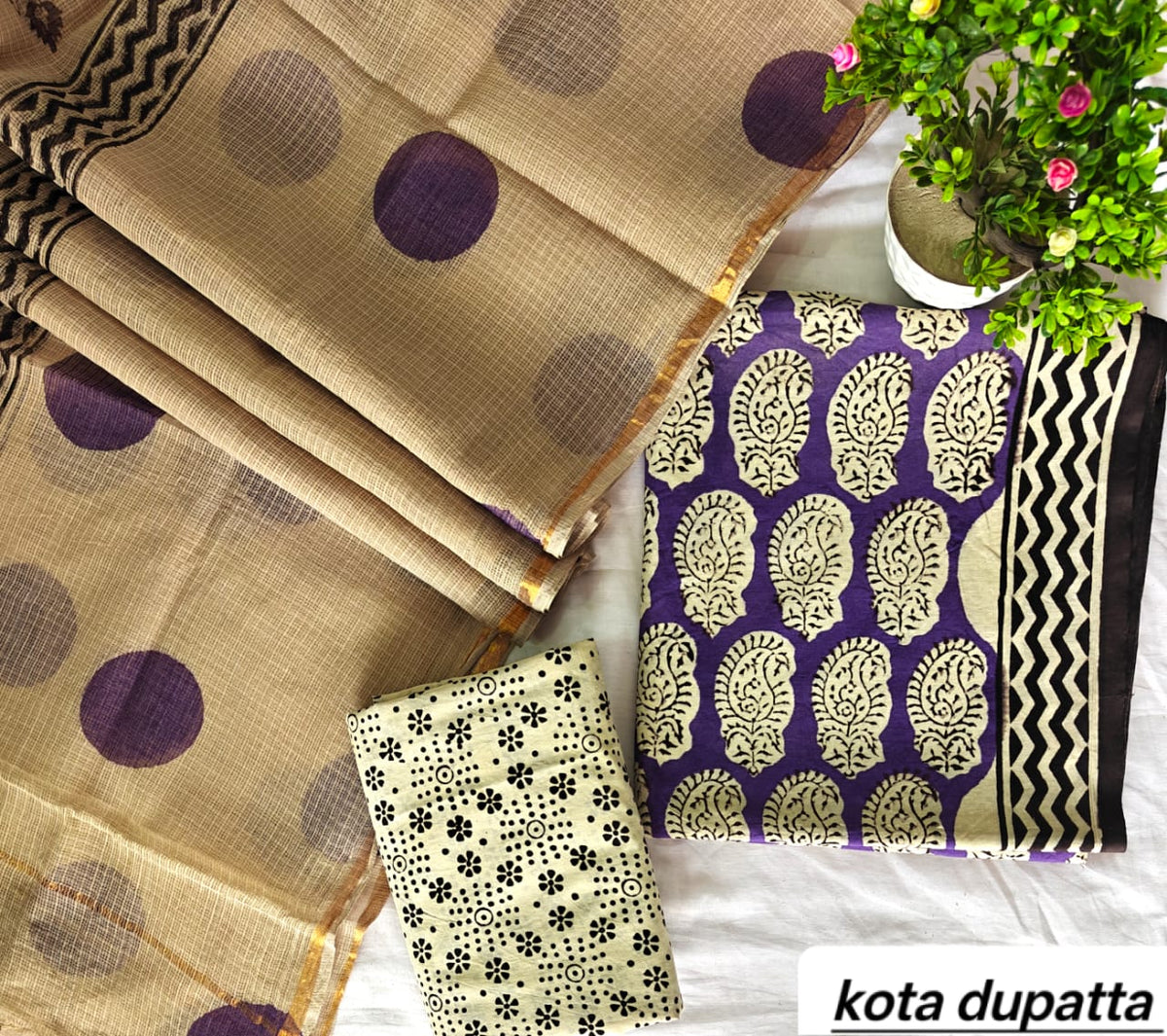Deep Purple and Beige Large Polka Dot Traditional Cotton Suit Set with Kota Doria Dupatta (Handblock Printed)