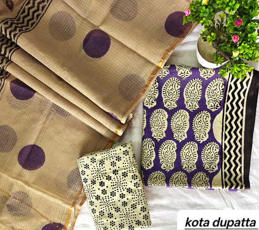 Deep Purple and Beige Large Polka Dot Traditional Cotton Suit Set with Kota Doria Dupatta (Handblock Printed)
