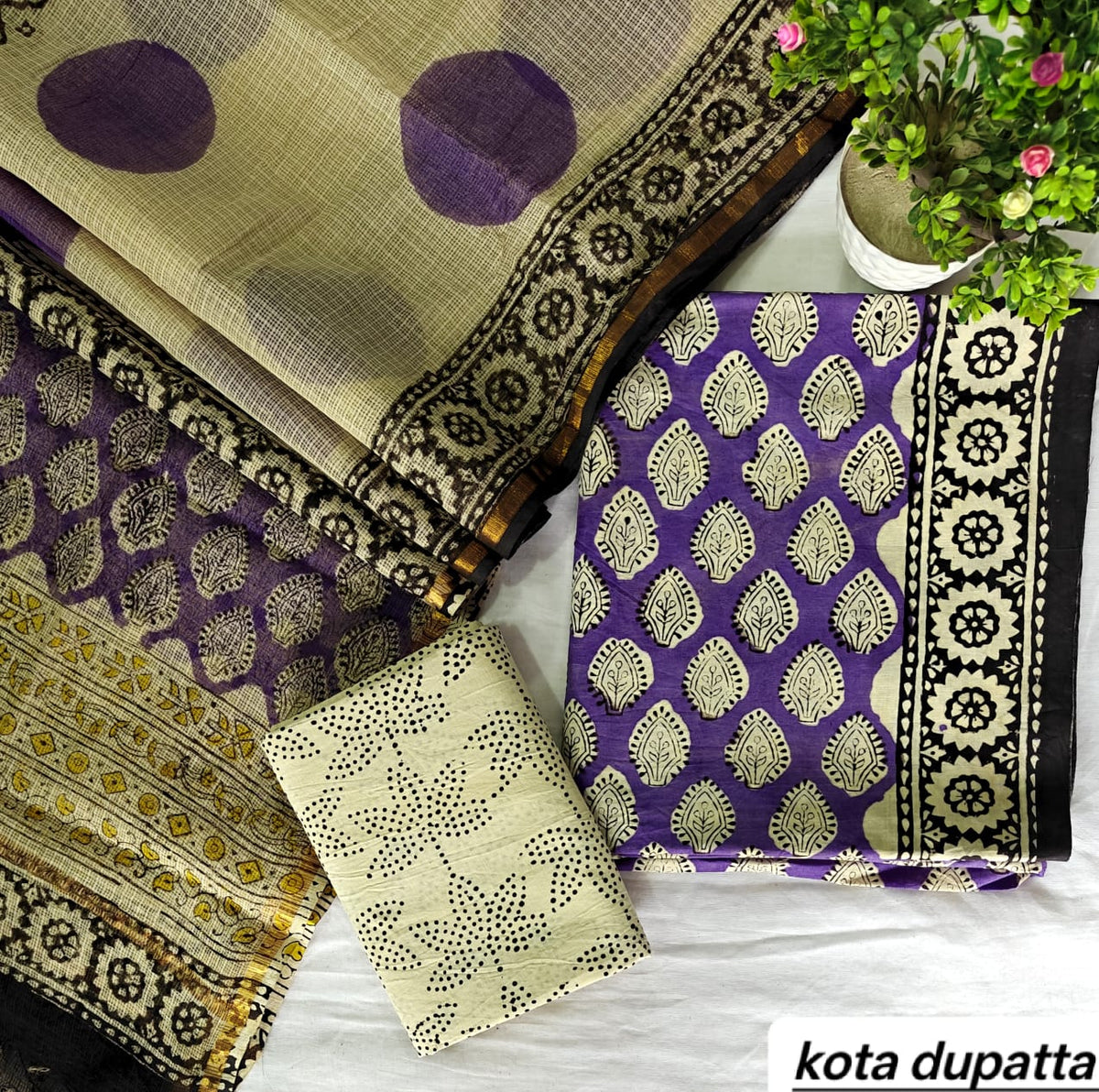 Deep Purple and Cream Block Print Traditional Cotton Suit Set with Kota Doria Dupatta (Handblock Printed)