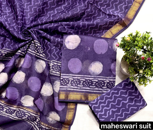 Deep Purple and White Motif Print Handblock Printed Pure Maheshwari Silk Suit Set with Zari Border