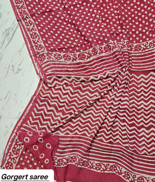 Dusty Pink Chevron Handblock Printed Georgette Saree