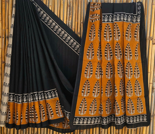 Elegant Black & Mustard Yellow Floral Motif Handblock Printed Pure Mulmul Cotton Saree