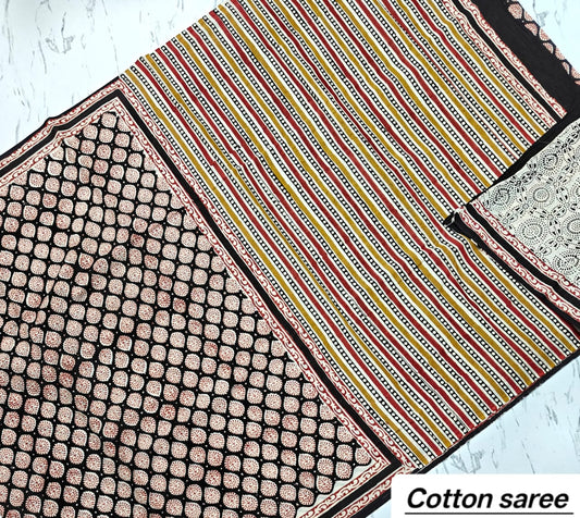 Elegant Black & Red Abstract Geometric Handblock Printed Pure Mulmul Cotton Saree