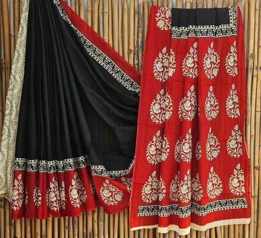Elegant Black & Red Floral Motif Handblock Printed Pure Mulmul Cotton Saree