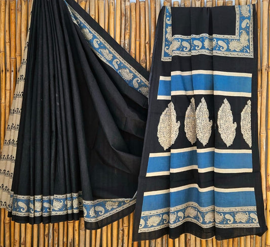 Elegant Black & White Floral Motif Handblock Printed Pure Mulmul Cotton Saree